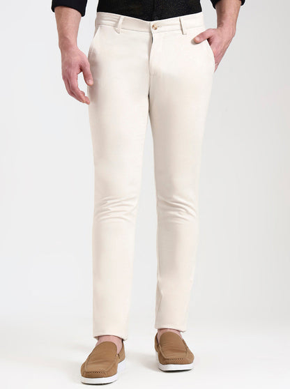 Cream Solid Super Slim Fit Casual Trouser | Greenfibre