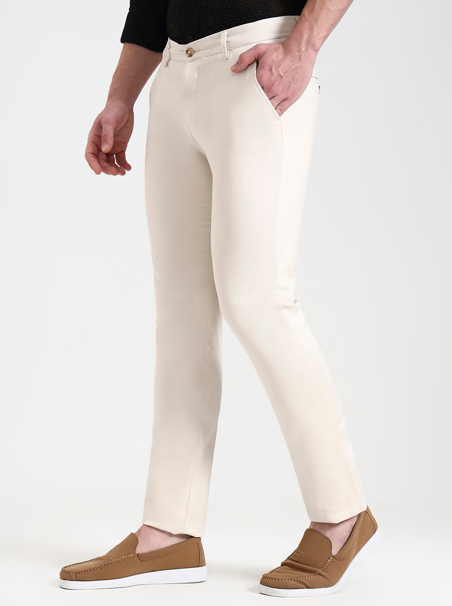 Cream Solid Super Slim Fit Casual Trouser | Greenfibre