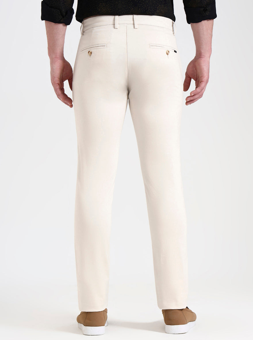 Cream Solid Super Slim Fit Casual Trouser | Greenfibre