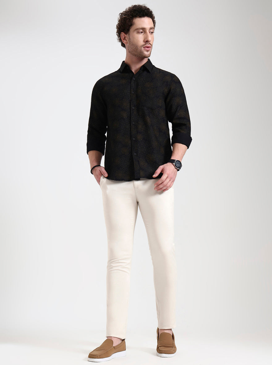 Cream Solid Super Slim Fit Casual Trouser | Greenfibre