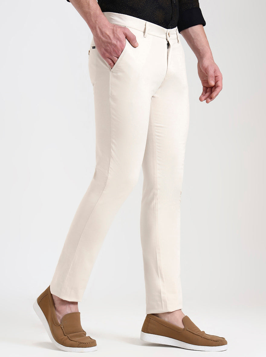 Cream Solid Super Slim Fit Casual Trouser | Greenfibre