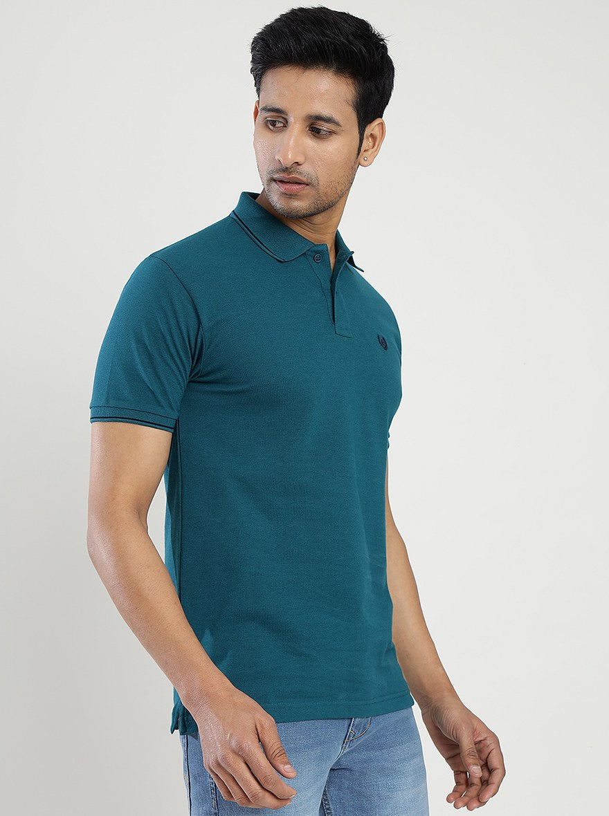 Blue Solid Slim Fit Polo T-Shirt | Greenfibre