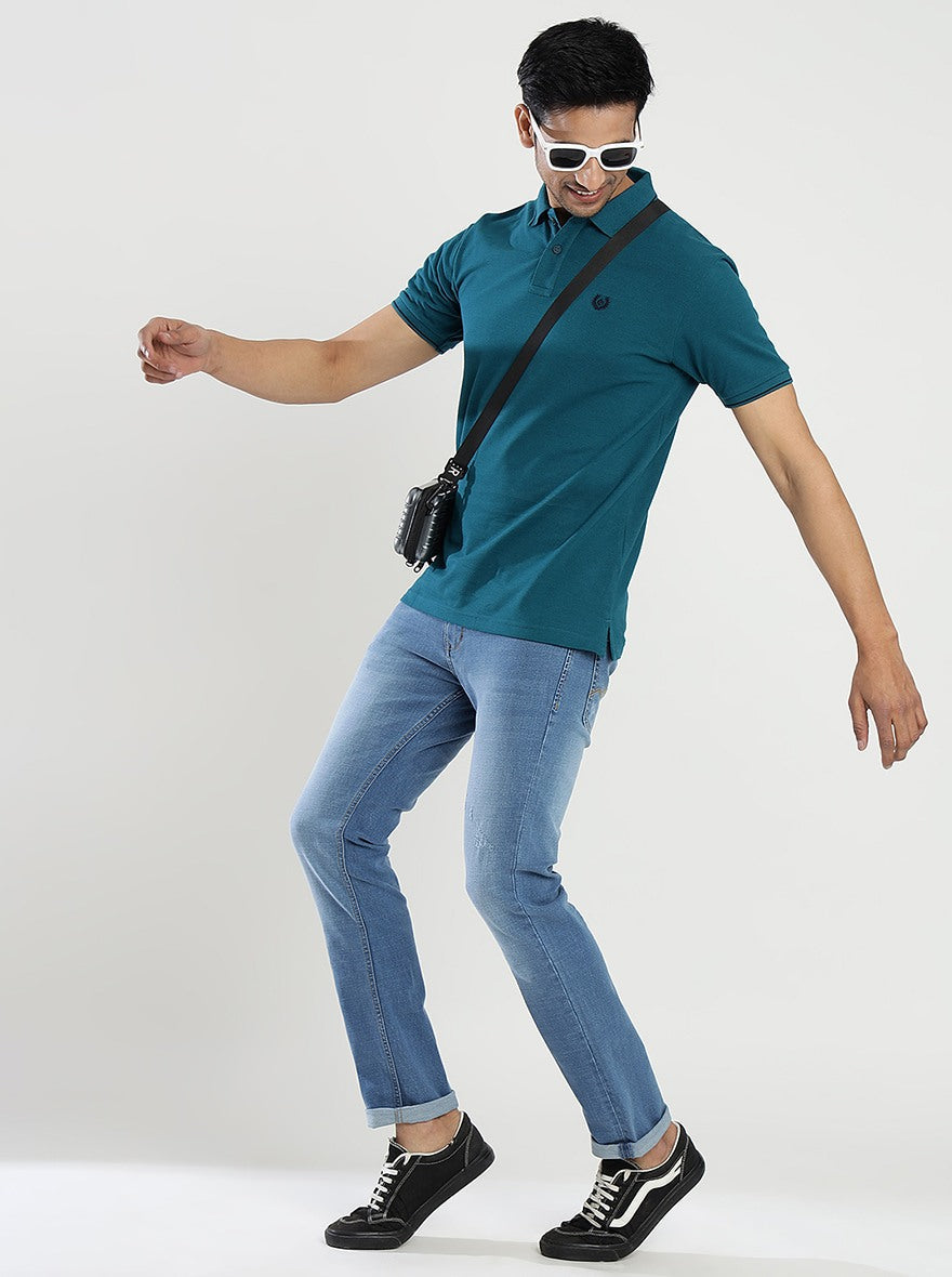 Blue Solid Slim Fit Polo T-Shirt | Greenfibre