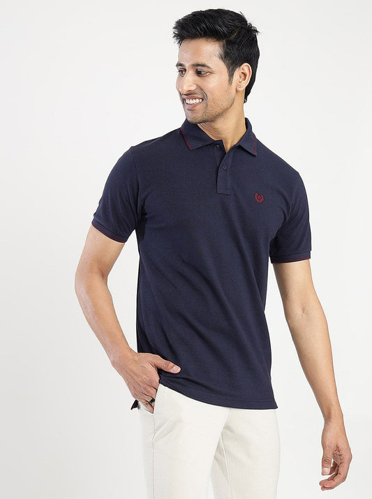 Navy Blue Solid Slim Fit Polo T-Shirt | Greenfibre