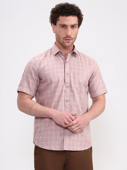 Peach Checked Smart Fit Semi Casual Shirt | Greenfibre