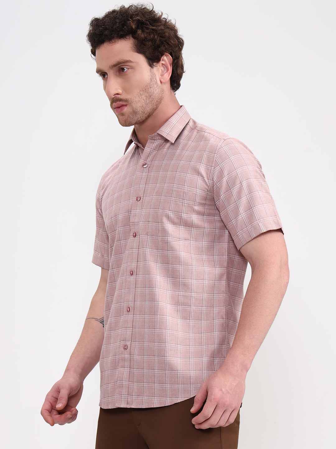 Peach Checked Smart Fit Semi Casual Shirt | Greenfibre