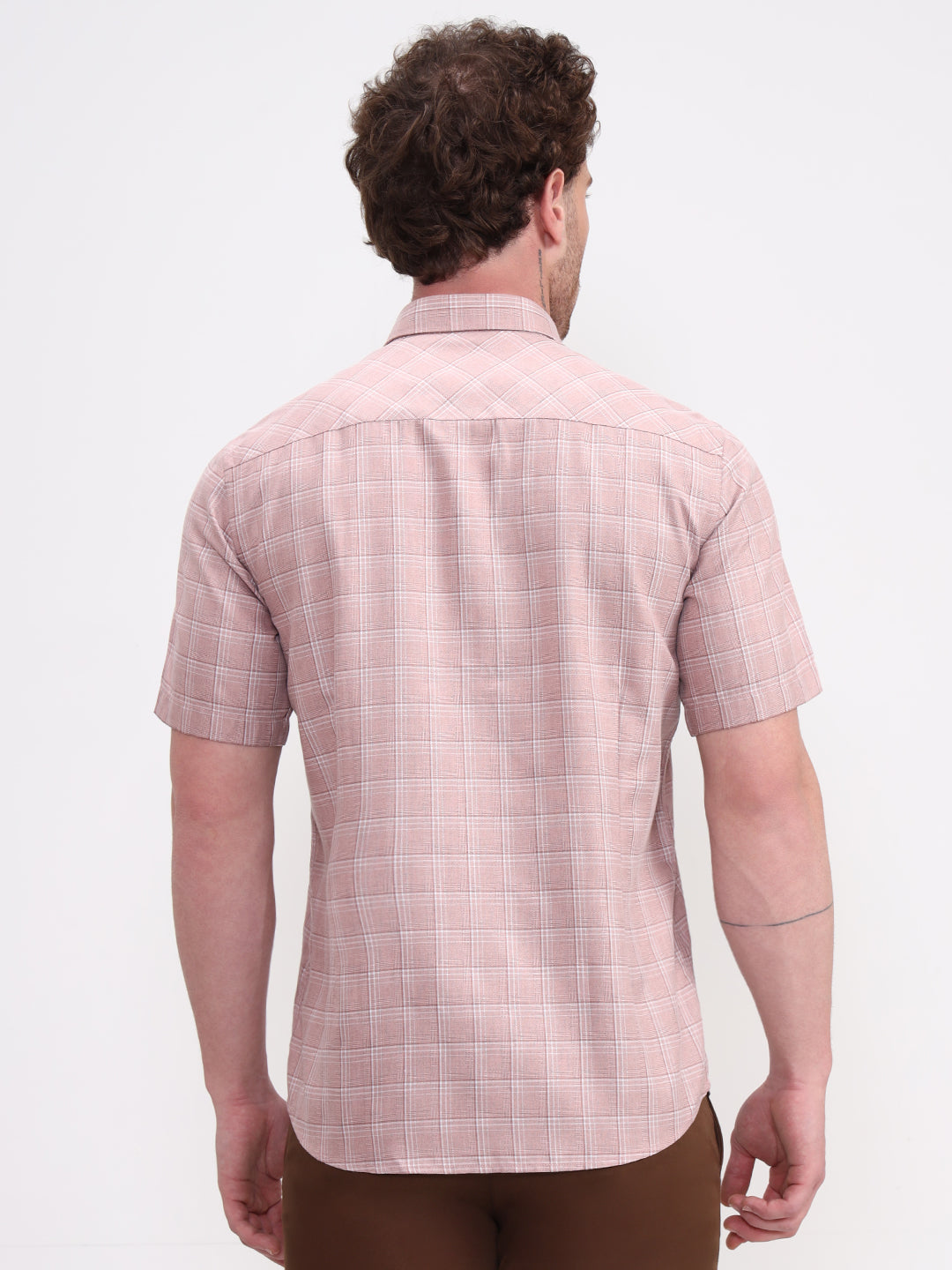 Peach Checked Smart Fit Semi Casual Shirt | Greenfibre
