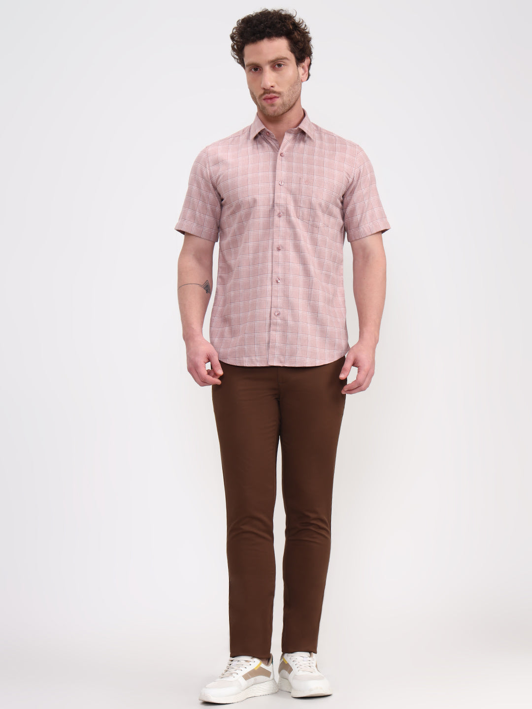 Peach Checked Smart Fit Semi Casual Shirt | Greenfibre