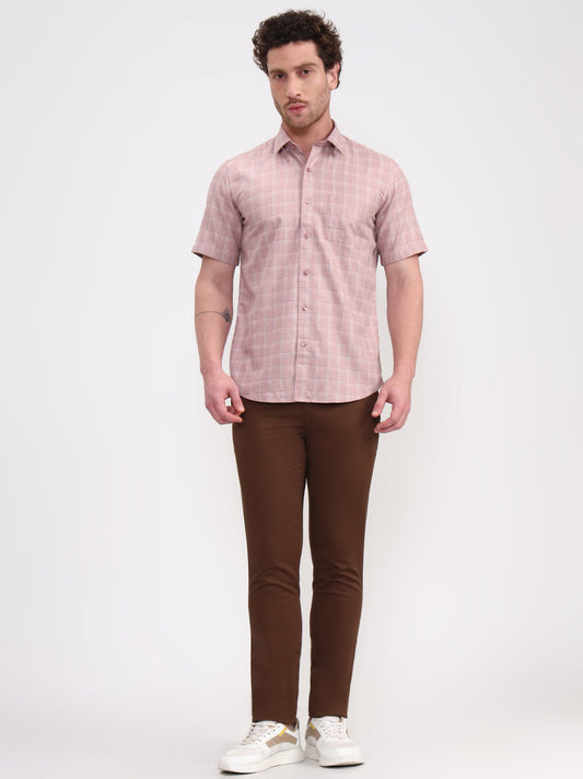 Peach Checked Smart Fit Semi Casual Shirt | Greenfibre