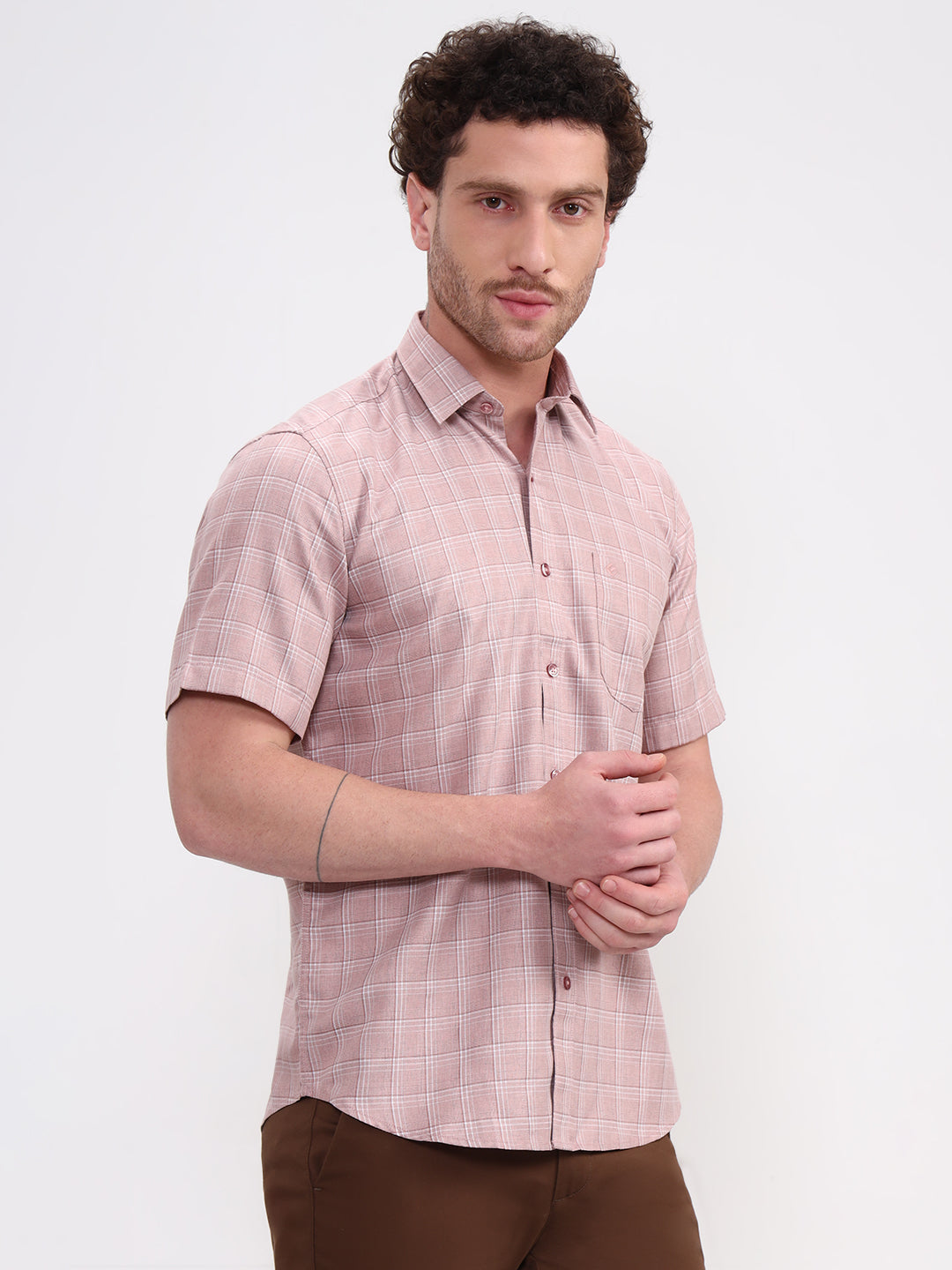 Peach Checked Smart Fit Semi Casual Shirt | Greenfibre