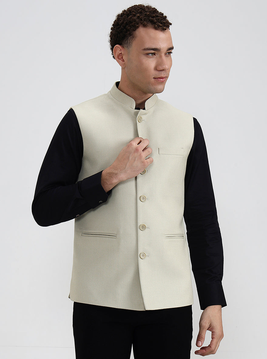 Beige Solid Regular Fit Waistcoat  | Greenfibre