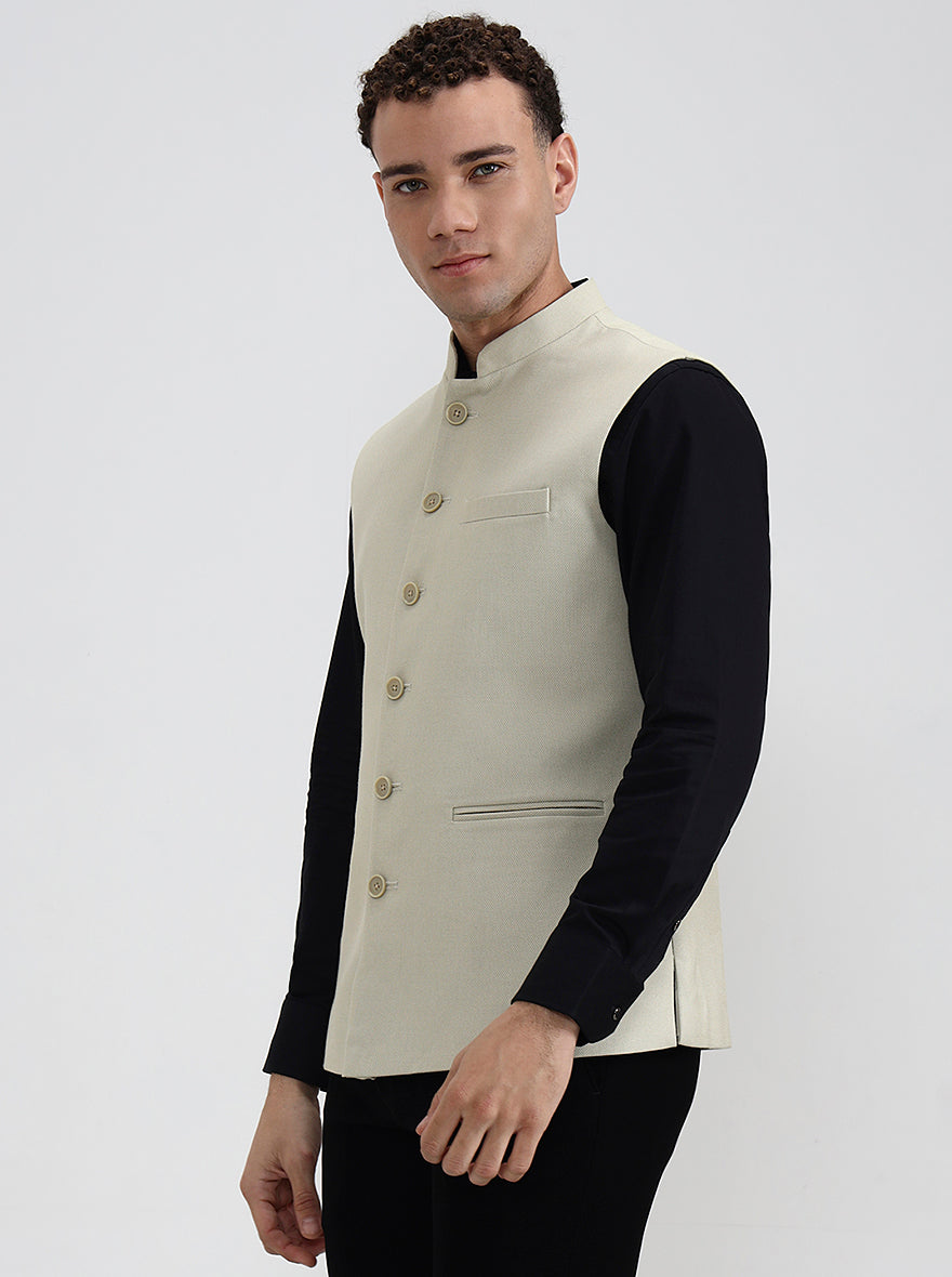 Beige Solid Regular Fit Waistcoat  | Greenfibre