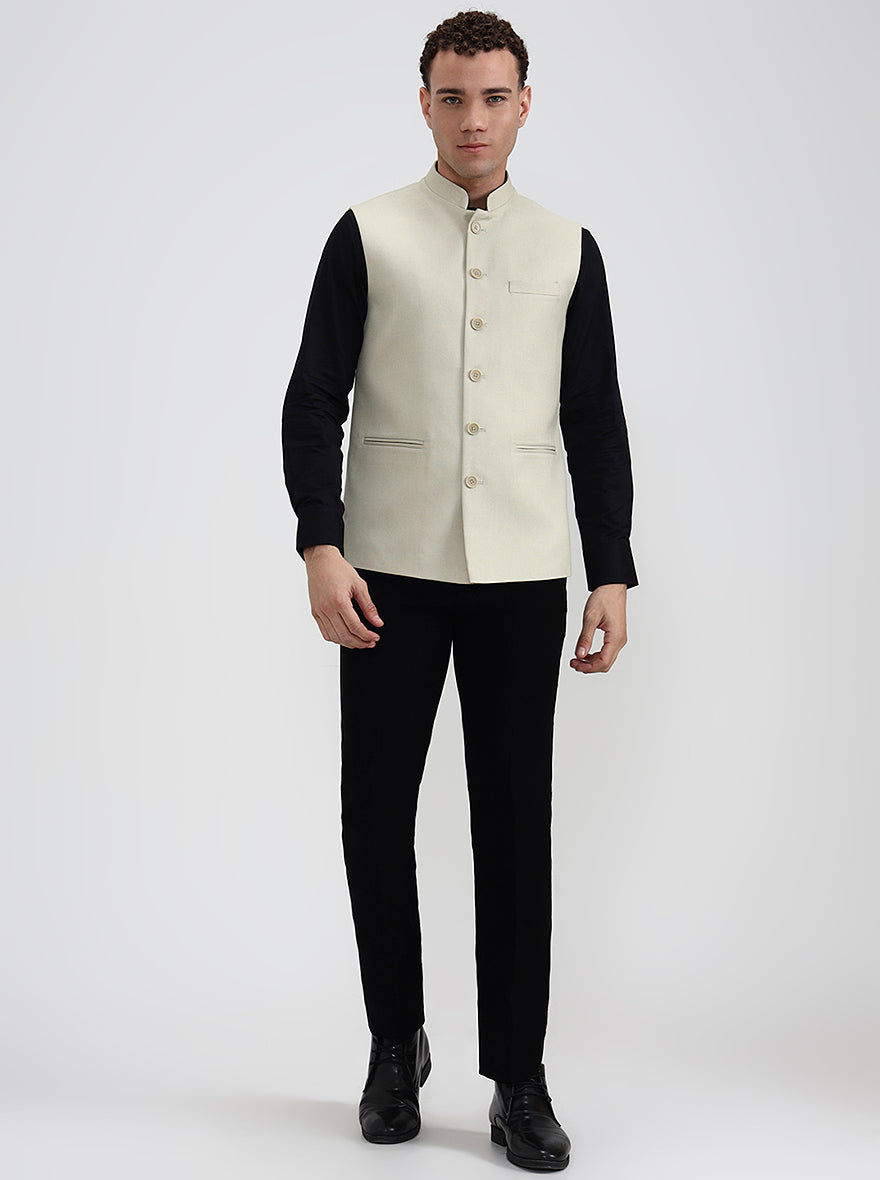 Beige Solid Regular Fit Waistcoat  | Greenfibre