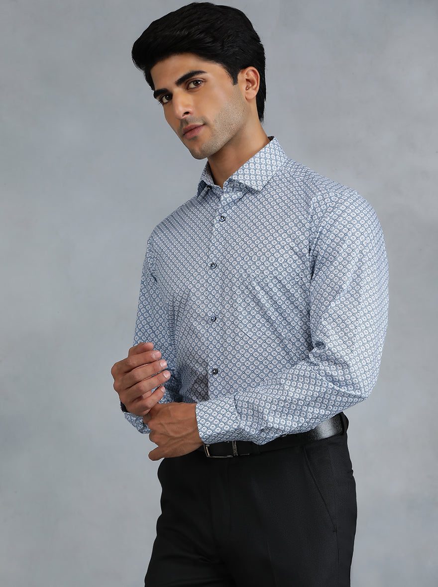 Blue Printed Slim Fit Formal Shirt | Greenfibre