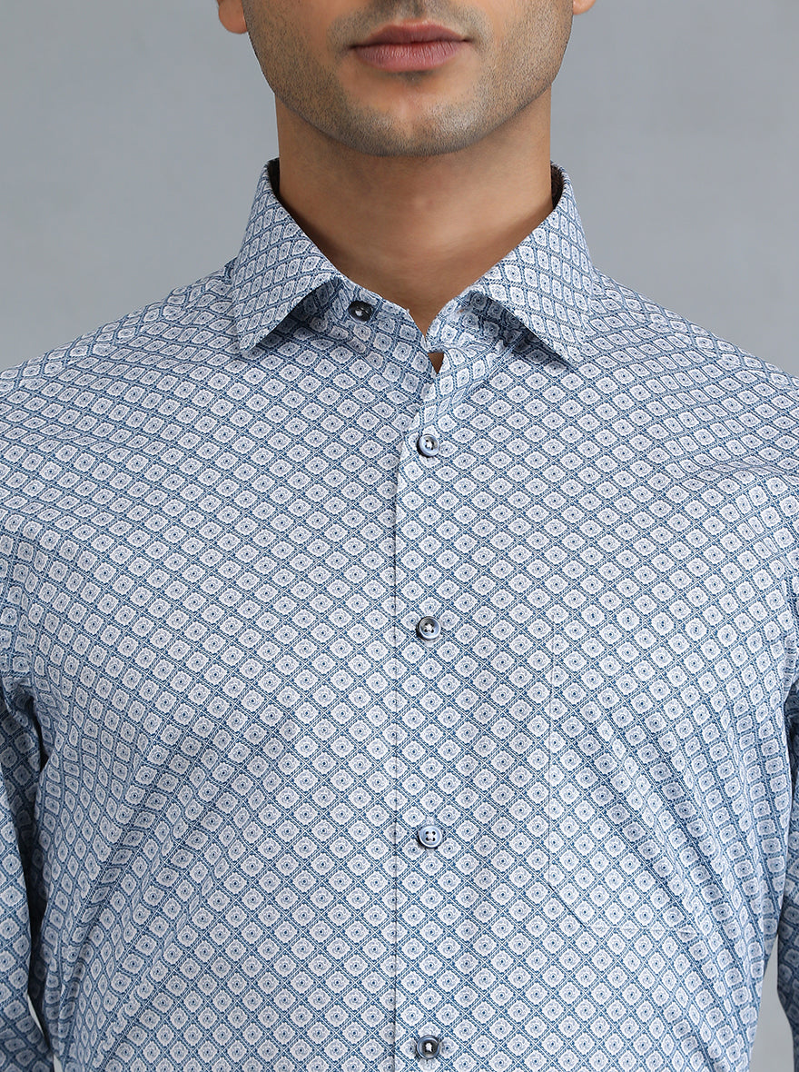 Blue Printed Slim Fit Formal Shirt | Greenfibre