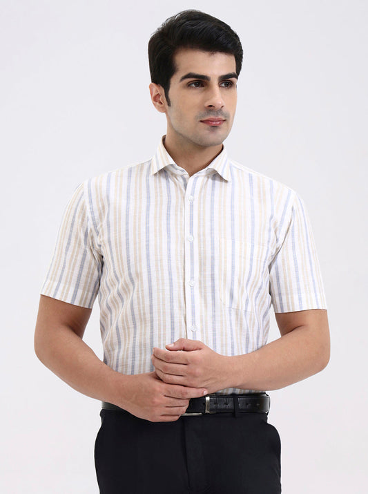 Blue & Fawn Striped Regular Fit Formal Shirt | Greenfibre