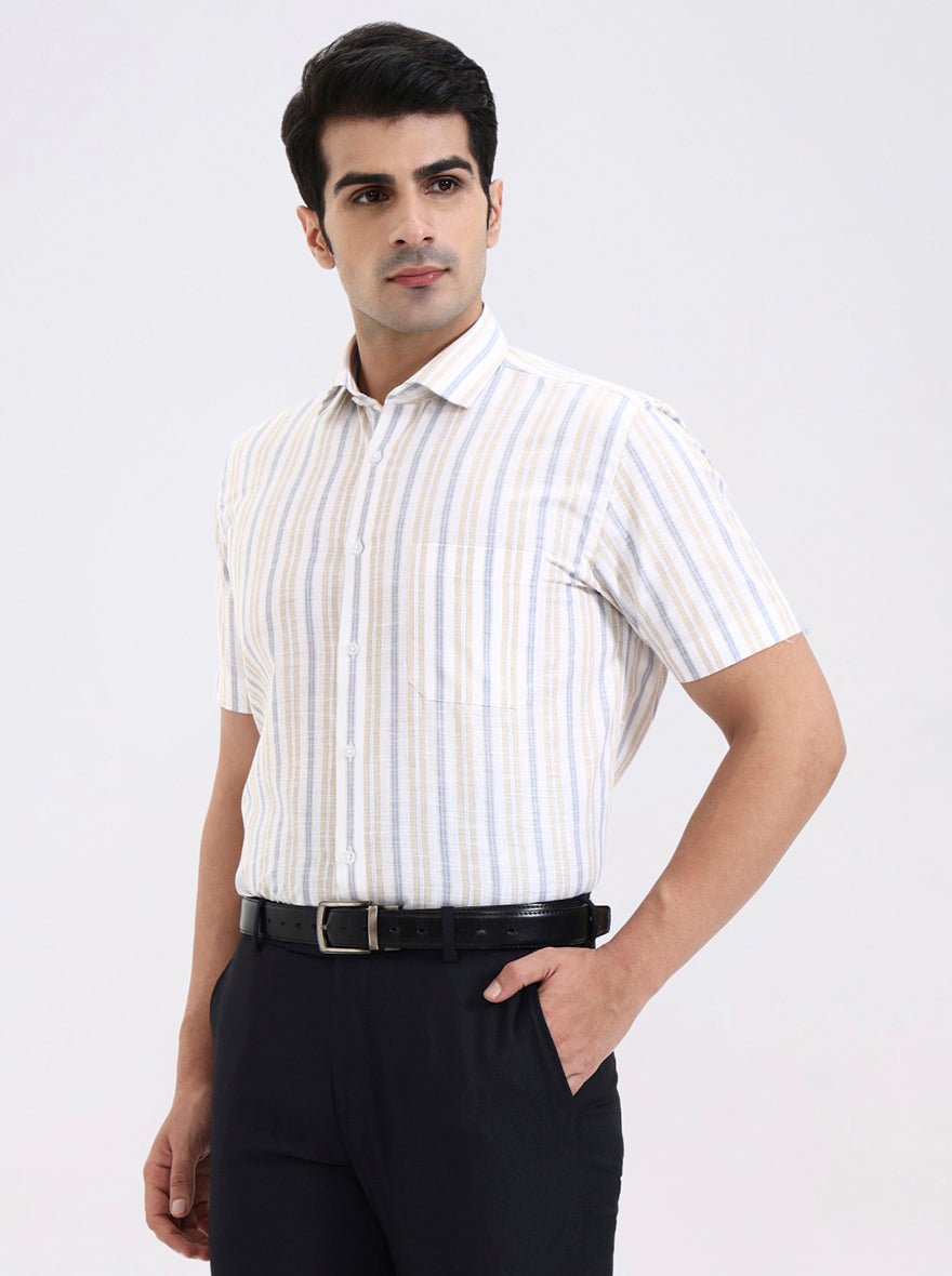 Blue & Fawn Striped Regular Fit Formal Shirt | Greenfibre