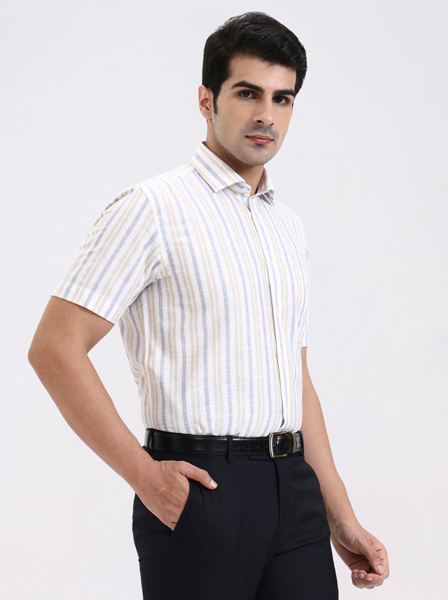 Blue & Fawn Striped Regular Fit Formal Shirt | Greenfibre