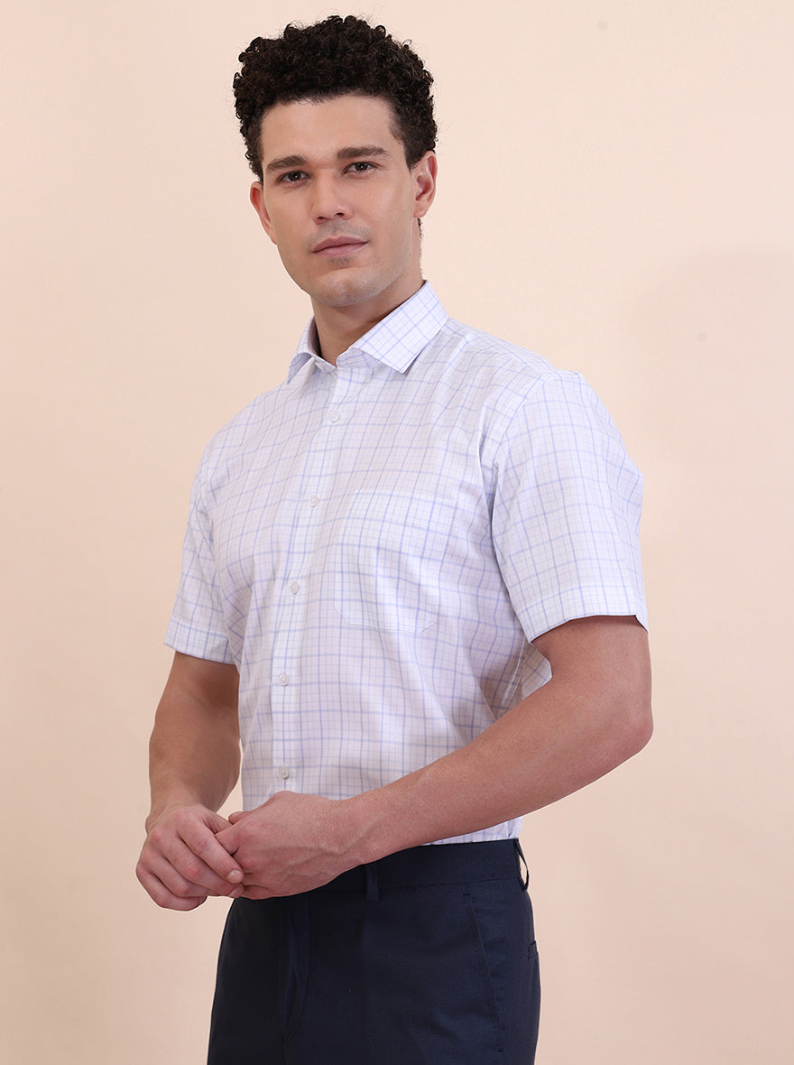 White & Blue Checked Regular Fit Formal Shirt | Greenfibre