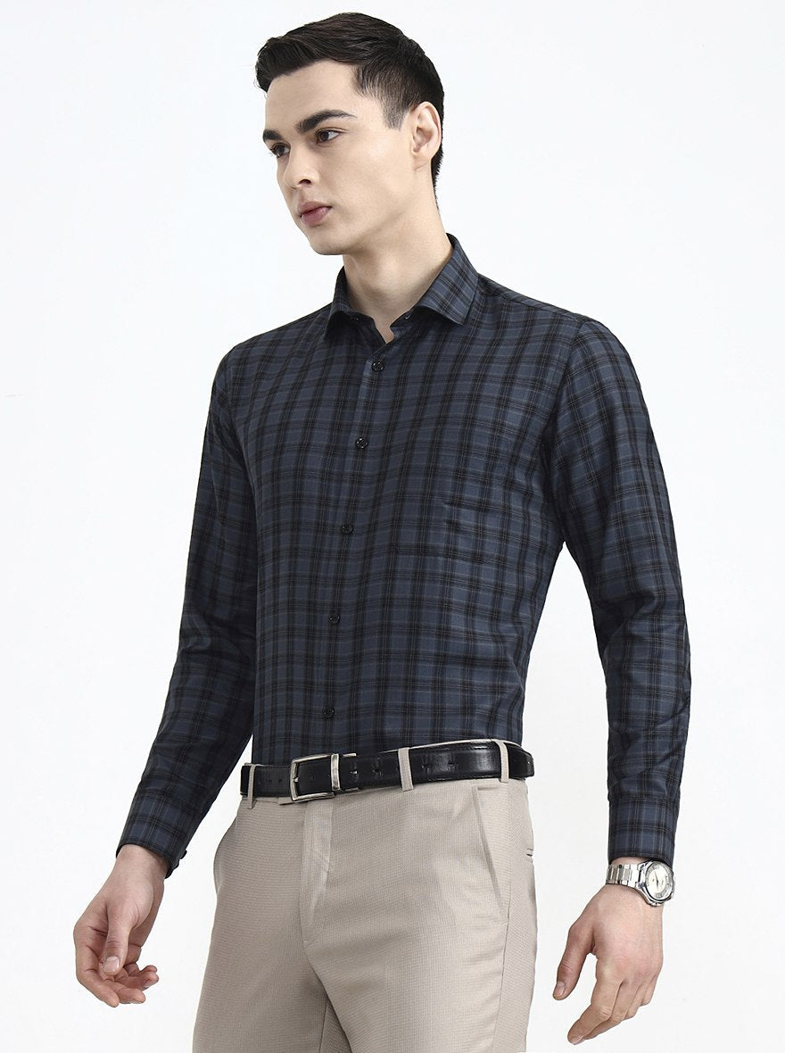 Grey & Black Checked Regular Fit Formal Shirt | Greenfibre