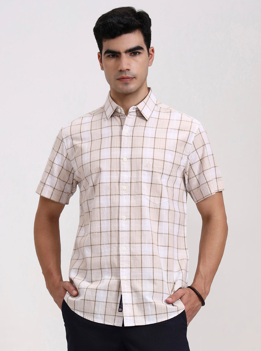 Beige Printed Slim Fit Casual Shirt | Greenfibre