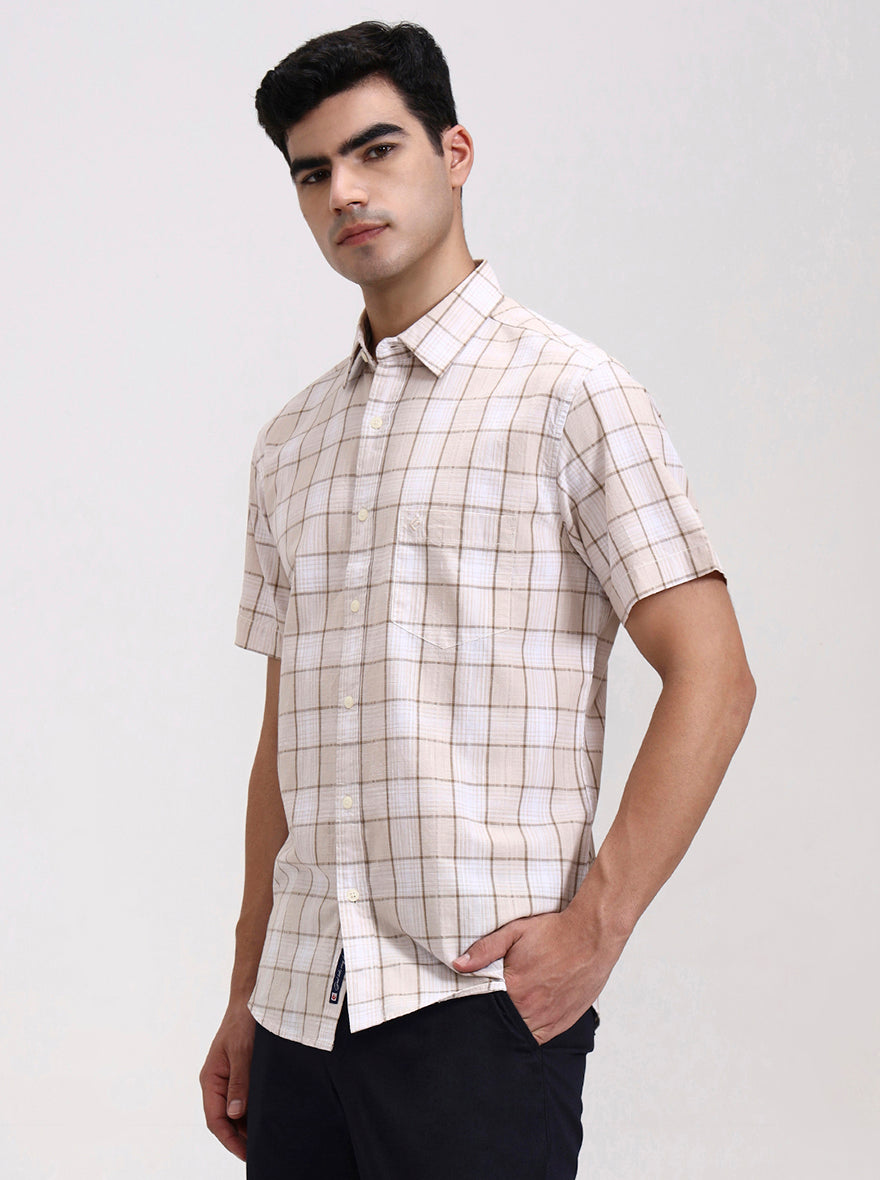 Beige Checked Slim Fit Casual Shirt | Greenfibre