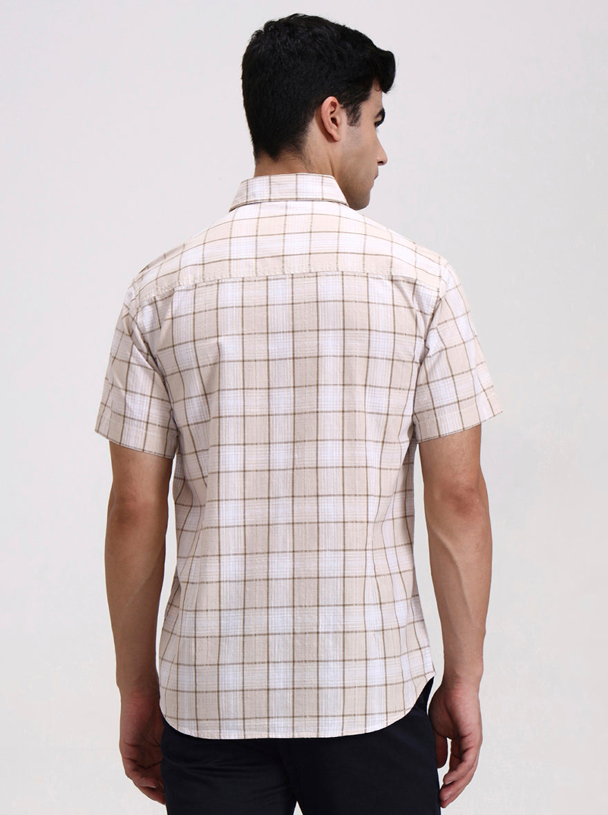 Beige Checked Slim Fit Casual Shirt | Greenfibre