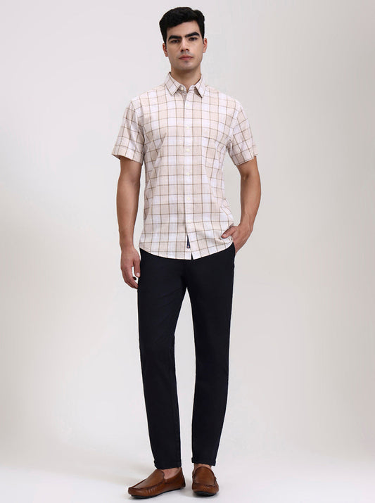 Beige Checked Slim Fit Casual Shirt | Greenfibre