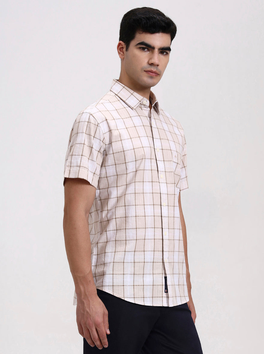 Beige Printed Slim Fit Casual Shirt | Greenfibre