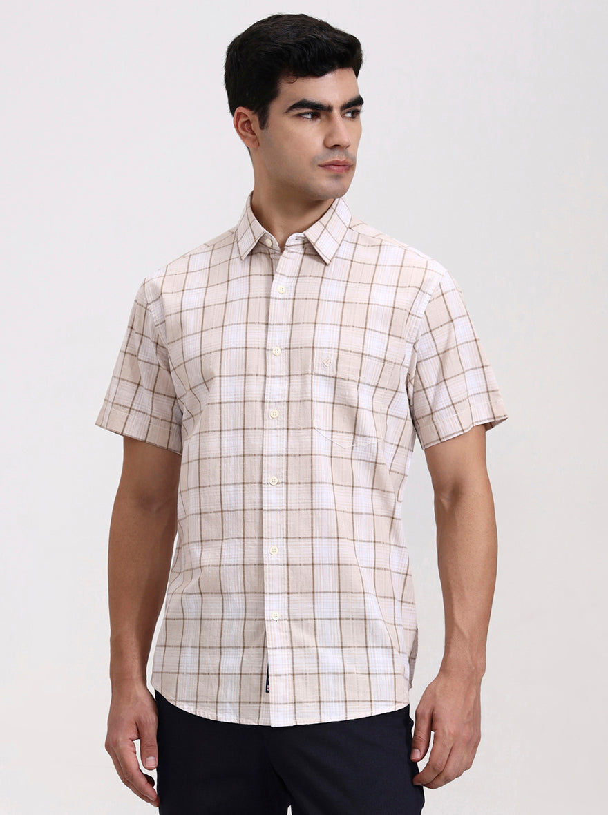 Beige Printed Slim Fit Casual Shirt | Greenfibre