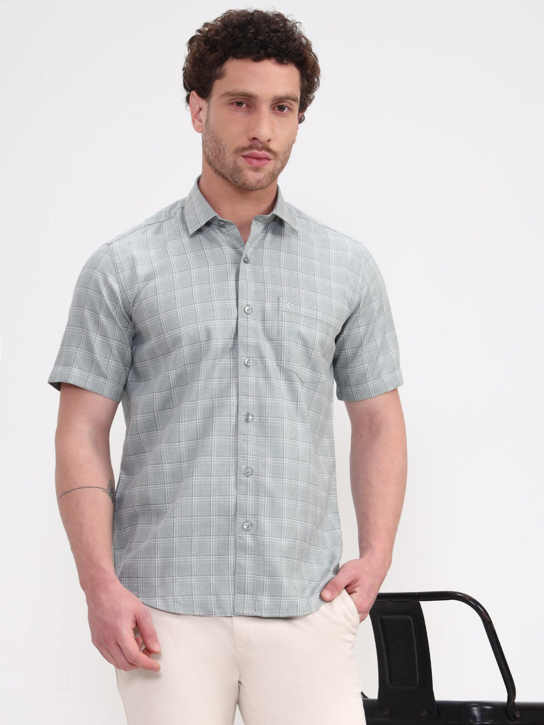 Green Checked Smart Fit Semi Casual Shirt | Greenfibre
