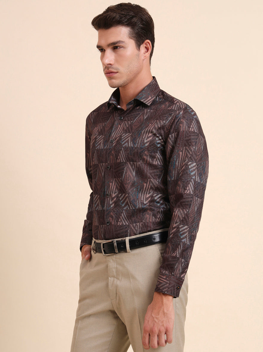Brown Printed Slim Fit Party Wear Shirt | GreenFiber