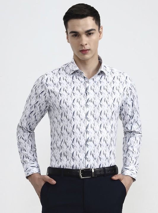White & Base Grey Printed Slim Fit Party Wear Shirt | Greenfibre
