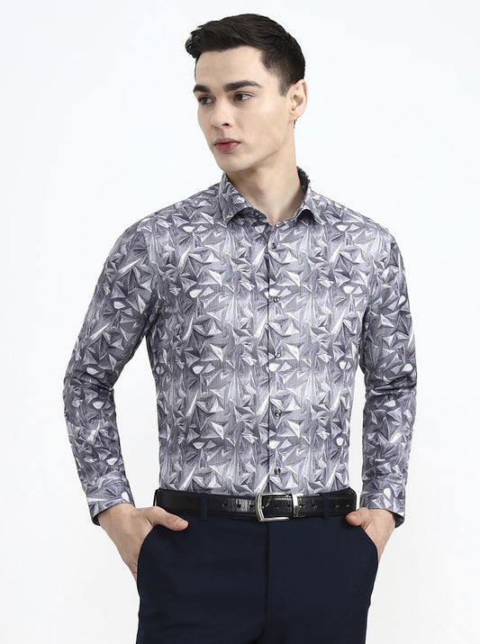 Grey Printed Slim Fit Party Wear Shirt | Greenfibre