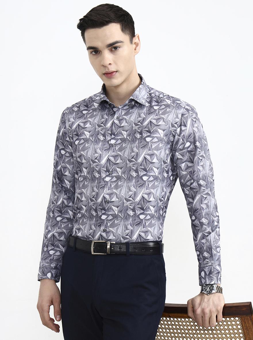 Grey Printed Slim Fit Party Wear Shirt | Greenfibre