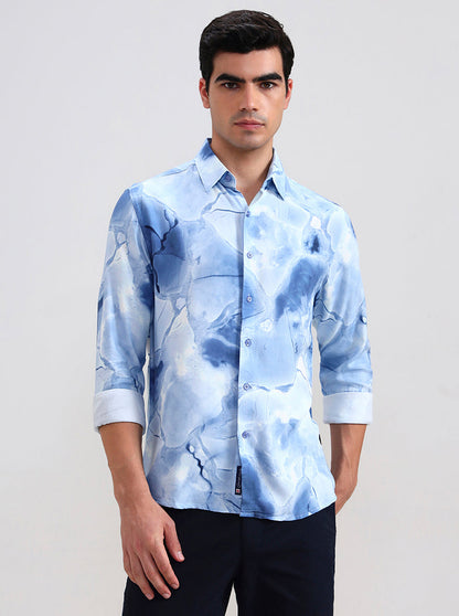 Sky Blue Printed Slim Fit Casual Shirt | Greenfibre
