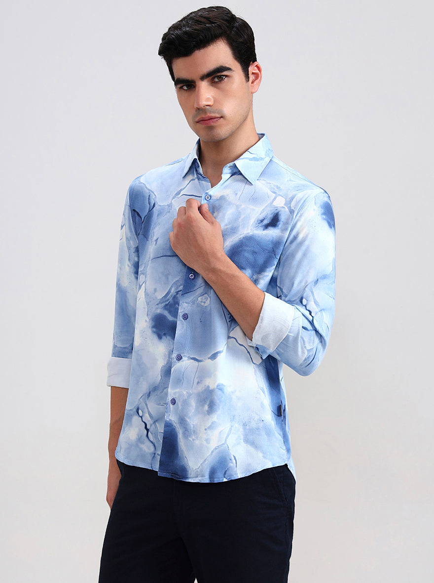 Sky Blue Printed Slim Fit Casual Shirt | Greenfibre
