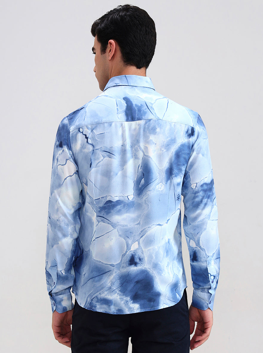Sky Blue Printed Slim Fit Casual Shirt | Greenfibre