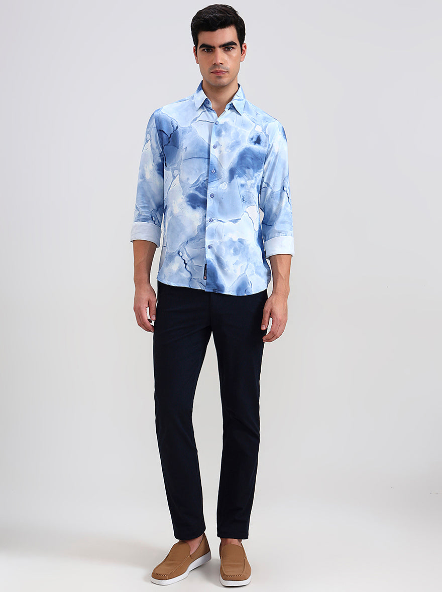 Sky Blue Printed Slim Fit Casual Shirt | Greenfibre