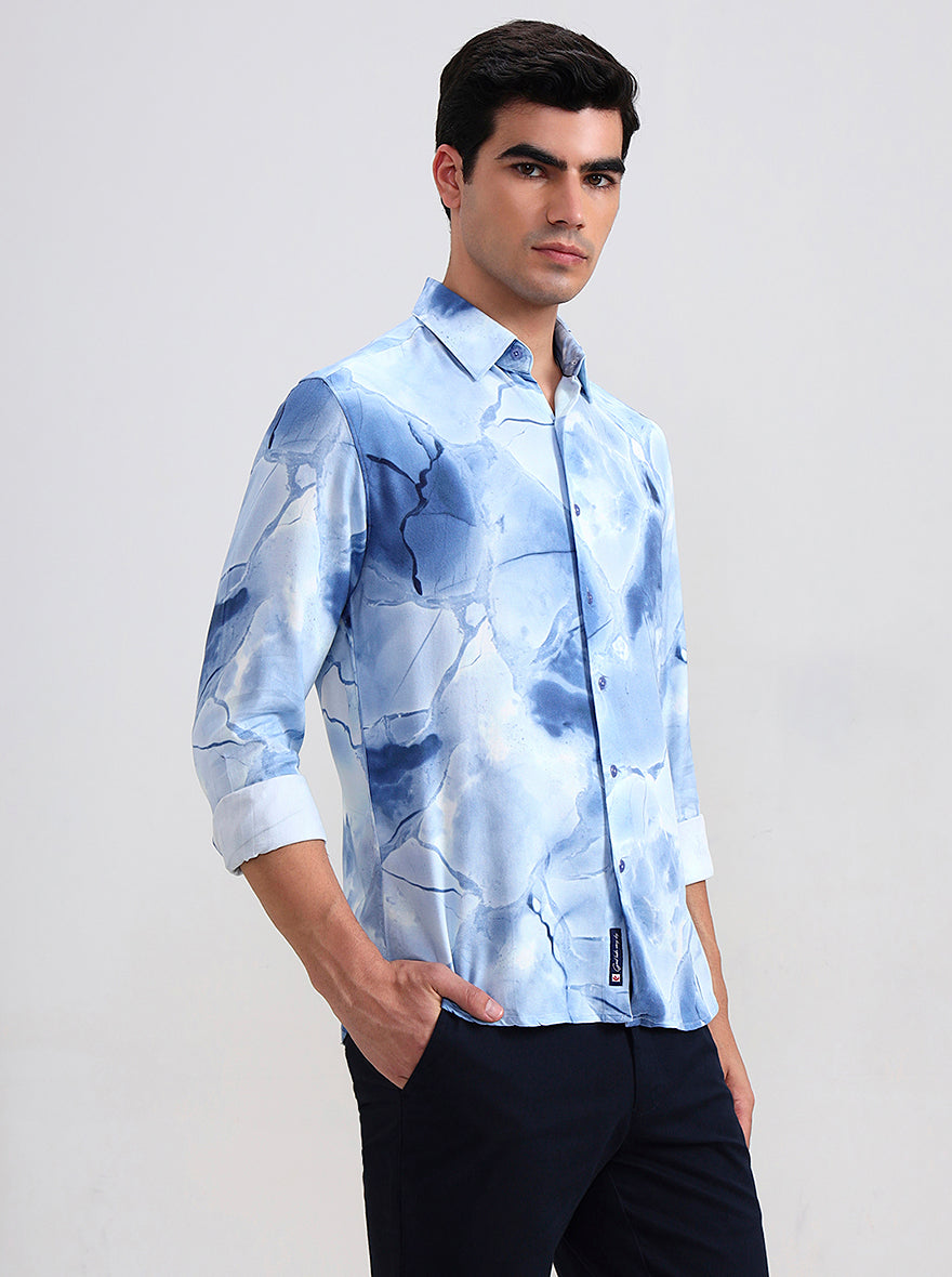 Sky Blue Printed Slim Fit Casual Shirt | Greenfibre