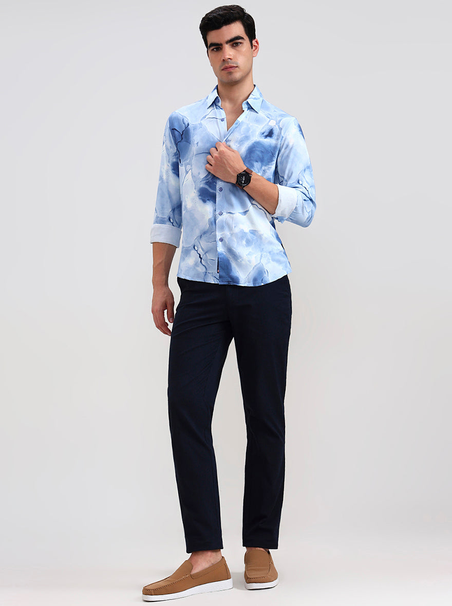 Sky Blue Printed Slim Fit Casual Shirt | Greenfibre