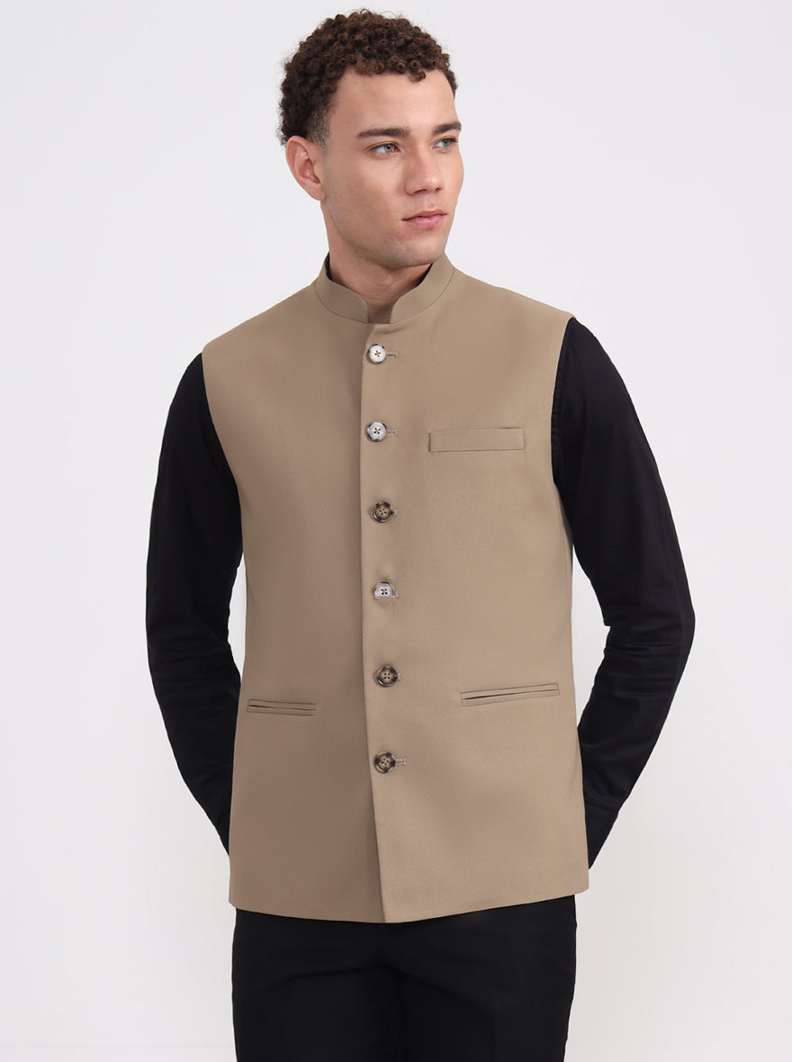 Khaki Solid Regular Fit Waistcoat  | Greenfibre