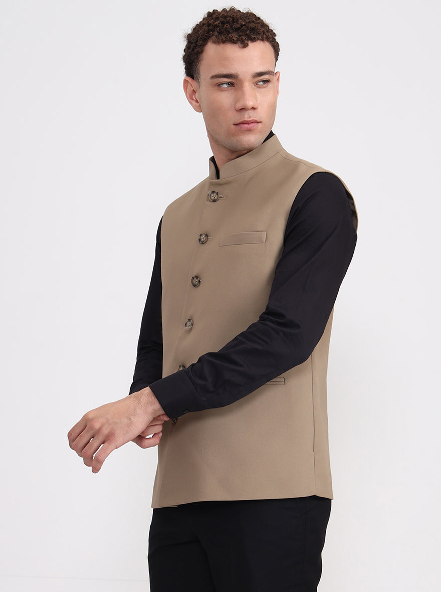 Khaki Solid Regular Fit Waistcoat  | Greenfibre