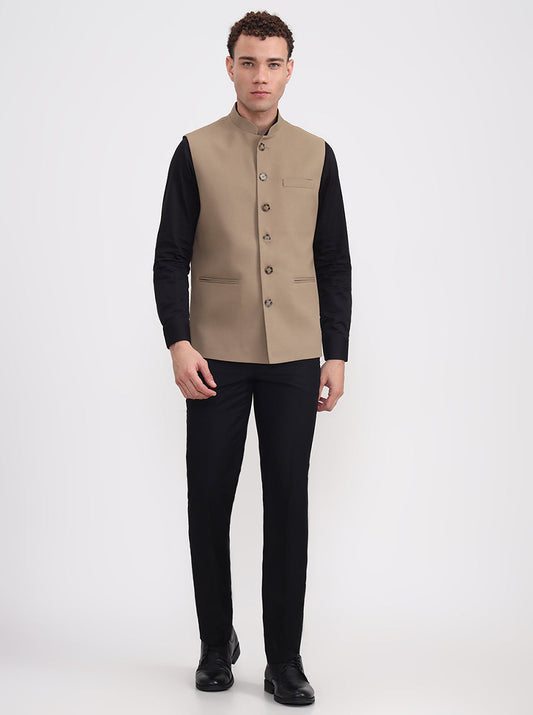 Khaki Solid Regular Fit Waistcoat  | Greenfibre