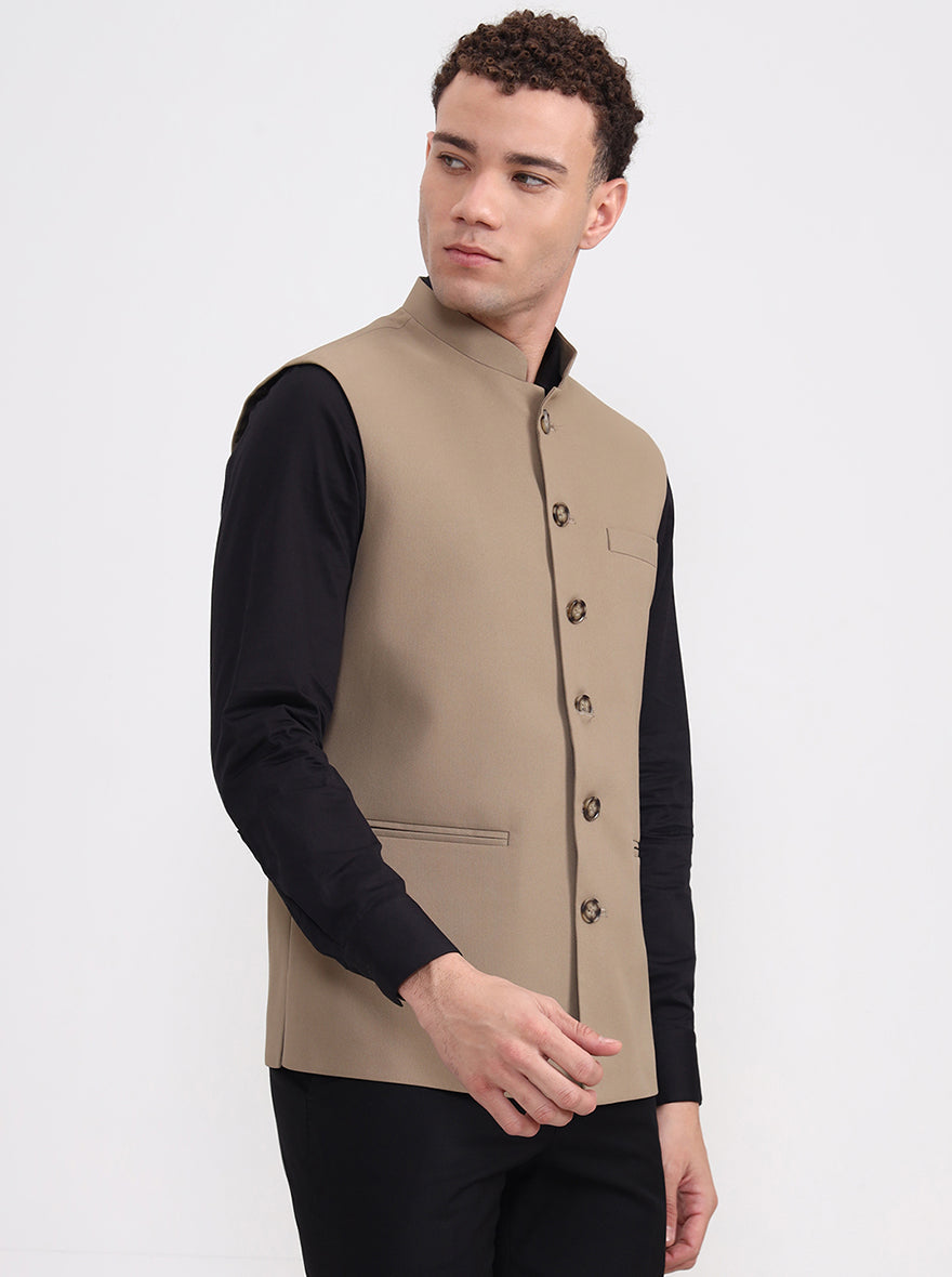 Khaki Solid Regular Fit Waistcoat  | Greenfibre