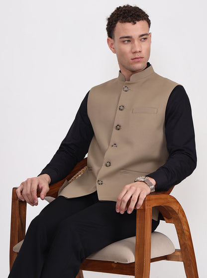 Khaki Solid Regular Fit Waistcoat  | Greenfibre