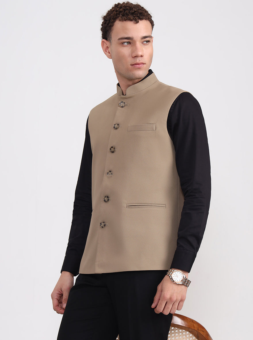 Khaki Solid Regular Fit Waistcoat  | Greenfibre
