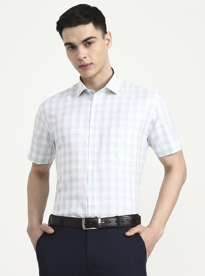 White & Green Checked Regular Fit Formal Shirt | Greenfibre