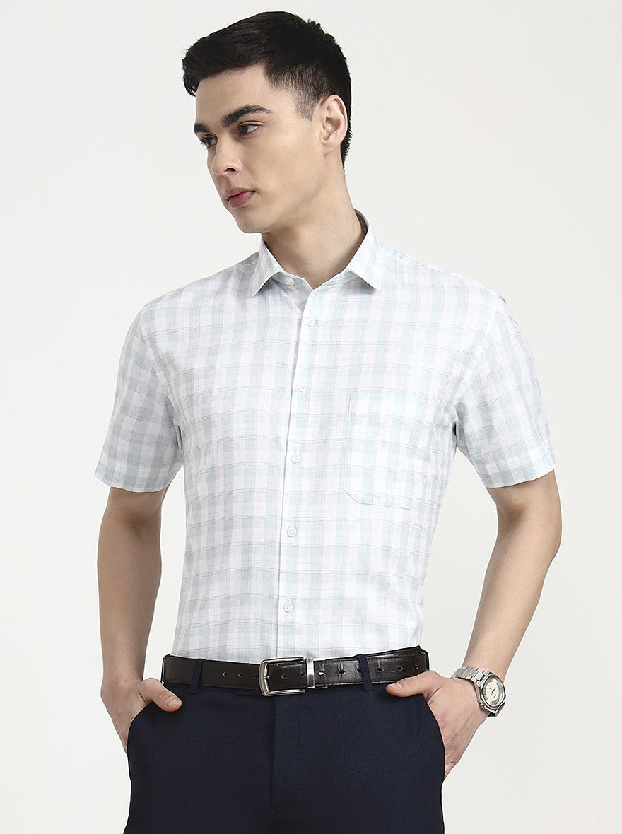 White & Green Checked Regular Fit Formal Shirt | Greenfibre