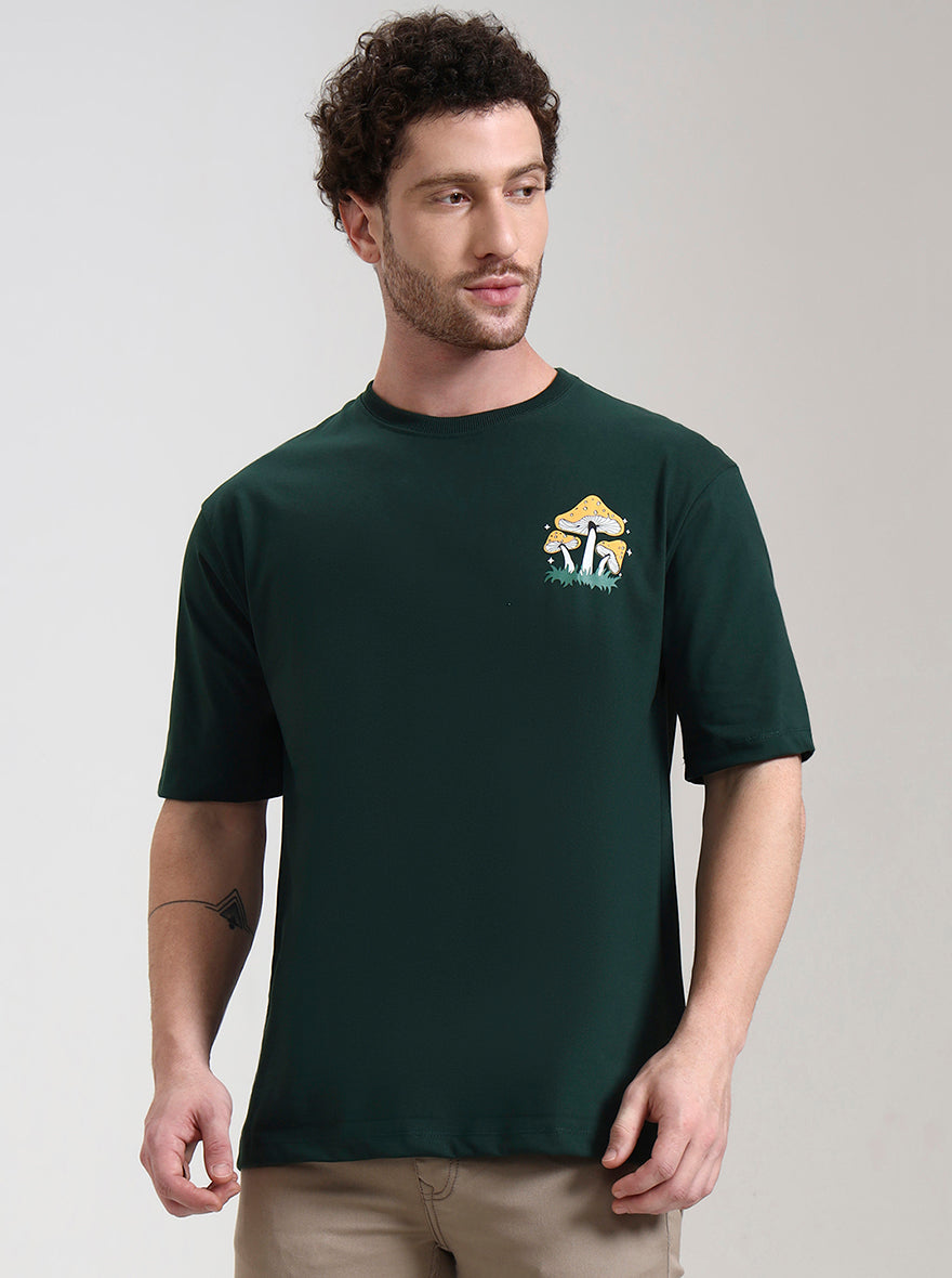 Bottle Green Printed Oversize Fit T-Shirt | Greenfibre